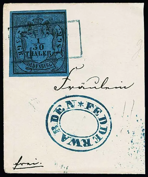 "Fedderwarden", cachet ovale bleu de dépôt postal très clairement apposé à côté, timbre oblitéré avec Ra2 "Sande", sur grande pièce de lettre de luxe 1/30 Th.
