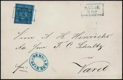 "Fedderwarden", rare cachet ovale bleu de la collection de lettres apposé à côté, timbre oblitéré avec Ra2 "Sande", sur lettre avec 1/30 Th. (en bas à droite légèrement frotté)