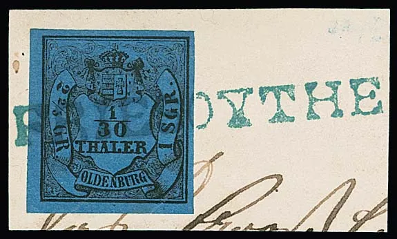 "Friesoythe", blauer L1 ungewöhnlich voll auf dekorativem Briefstück mit teils sehr breitrandiger 1/30 Th. (unten kleine Papierriefen), ferner Ra2 auf…