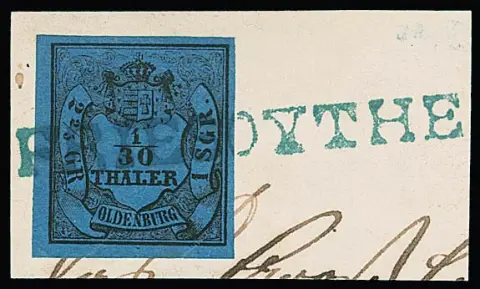 "Friesoythe", L1 bleu inhabituellement complet sur pièce de lettre décorative avec 1/30 Th. en partie très large marge (petites rides de papier en bas), ainsi que Ra2 sur pièce de lettre armoiries 1 Gr.