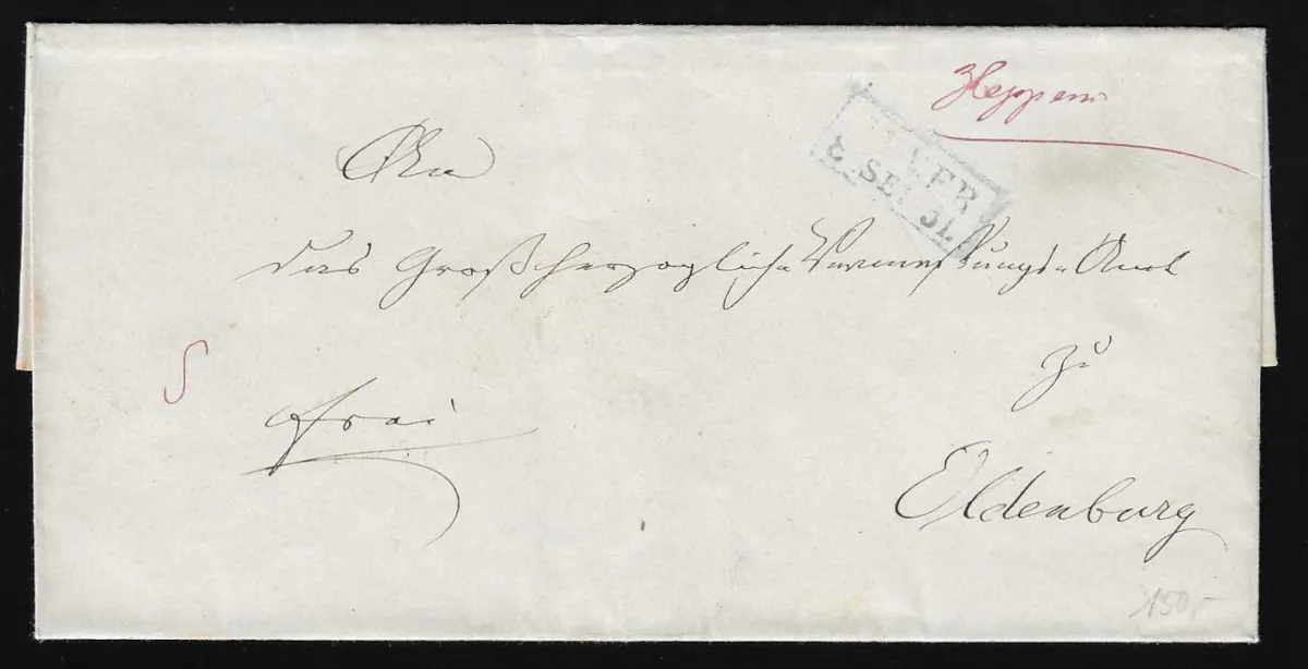 "Heppens", 1851, handwritten red dispatch note on luxury letter with Ra2 "Jever"