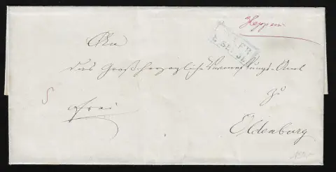 "Heppens", 1851, hs. roter Aufgabevermerk auf Luxusbrief mit Ra2 "Jever"