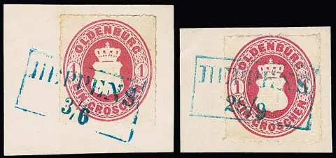 "Heppens", blauer Ra2 auf 16 Werten Wappen 1 Gr. (elf Briefstücke)