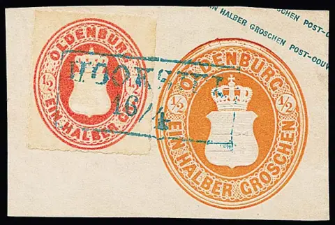 "Hooksiel", Ra2 auf vier Wappen-Briefstücken, dabei Kabinettbriefstück 1/2 Gr. orange auf Abschnitt von Ganzsache 1/2 Gr., sign. Krause