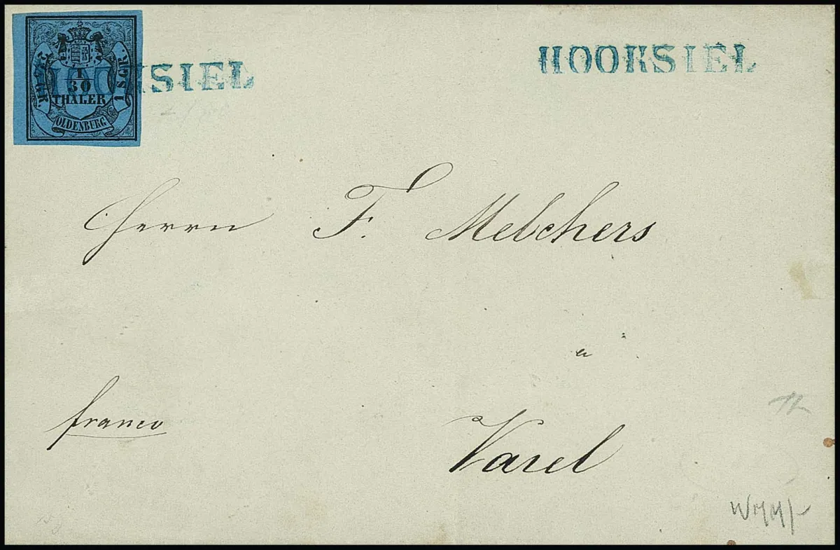 "Hooksiel", blauer L1 voll auf Brief mit Kabinett-Randstück 1/30 Th., Marke haftet oben nur zum Teil, so dass rückseitig noch große Teile des Originalgummis…