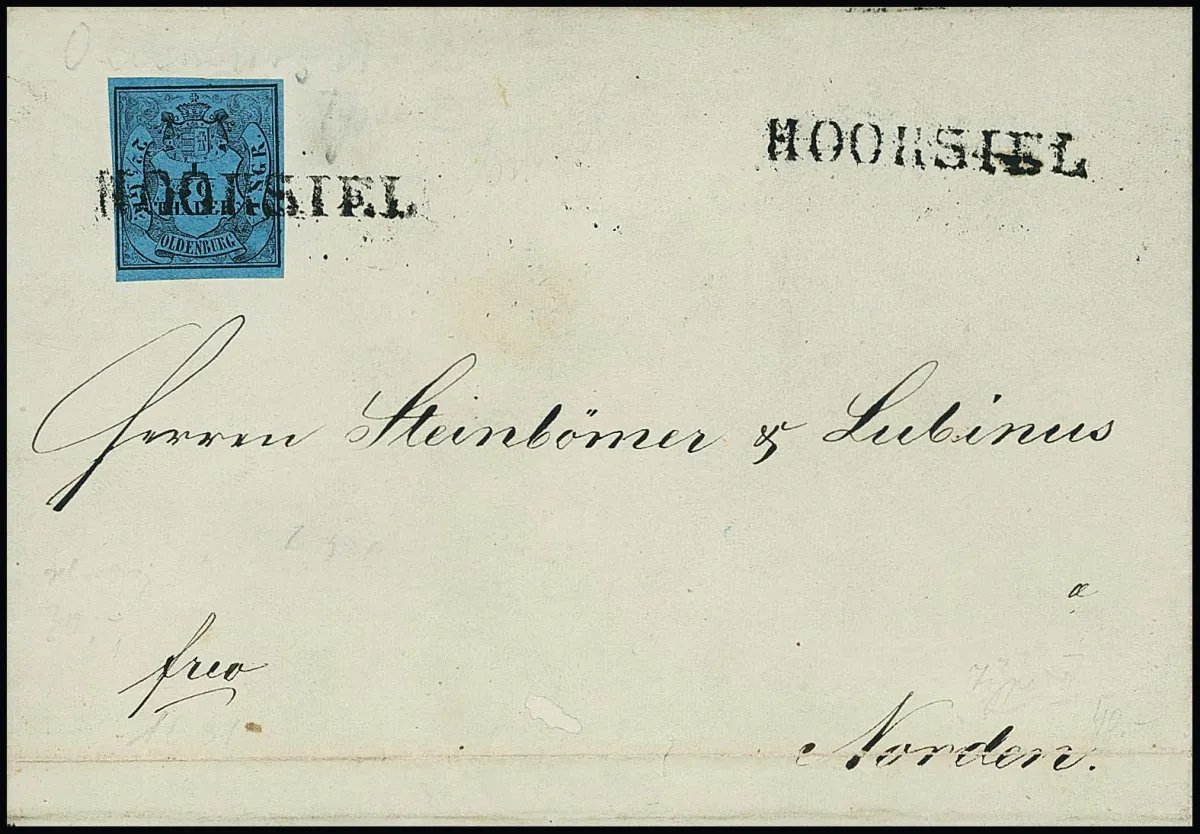 "Hooksiel", schwarzer L1 klar auf Brief (unten kl. Papierfehler ausserhalb) mit Kabinettstück 1/30 Th. schw./blau, gute Type II aus 1853