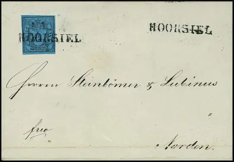 "Hooksiel", schwarzer L1 klar auf Brief (unten kl. Papierfehler ausserhalb) mit Kabinettstück 1/30 Th. schw./blau, gute Type II aus 1853