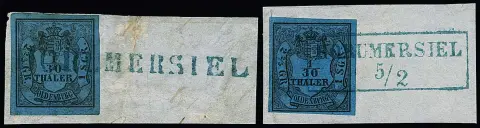 "Horumersiel", Ra2 voll auf Kabinettbriefstück 1/30 Th., Type III, sowie der L1 ungewöhnlich voll auf Briefstück 1/30 Th. (breitrandig, Type I)