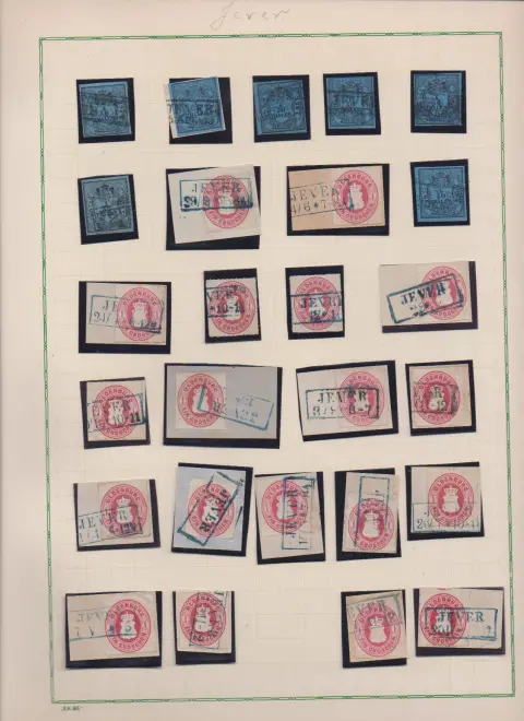 "Jever", Ra2, kl. Type, auf sieben Werten 1/30 Th., sowie große Type auf 19 Werten 1 Gr., dabei 17 Briefstücke (!)