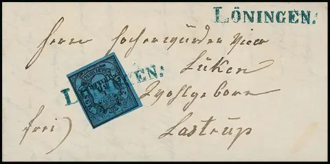 "Löningen", blauer L1 auf gef. Kabinettbrief 1856 mit 1/30 Th.