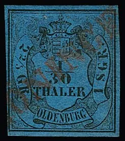 "Löningen", klarer Abschlag des roten L1 (sehr selten, Hb. + 2500,-) auf gut gerandeter 1/30 Th. (etwas "wolkig"), dito in blau auf 1/30 Th. (als Beigabe zwei…