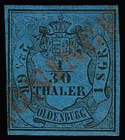 "Löningen", klarer Abschlag des roten L1 (sehr selten, Hb. + 2500,-) auf gut gerandeter 1/30 Th. (etwas "wolkig"), dito in blau auf 1/30 Th. (als Beigabe zwei…