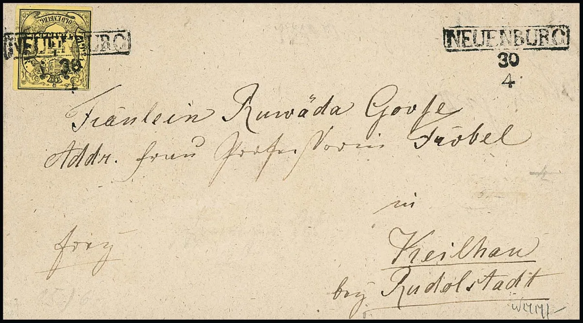 "Neuenburg", seltener schwarzer Datums-Ra1 klar auf Brief mit 1/10 Th. (etwas ber.), sign. Decker