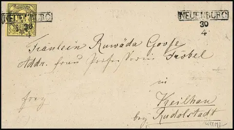 "Neuenburg", seltener schwarzer Datums-Ra1 klar auf Brief mit 1/10 Th. (etwas ber.), sign. Decker