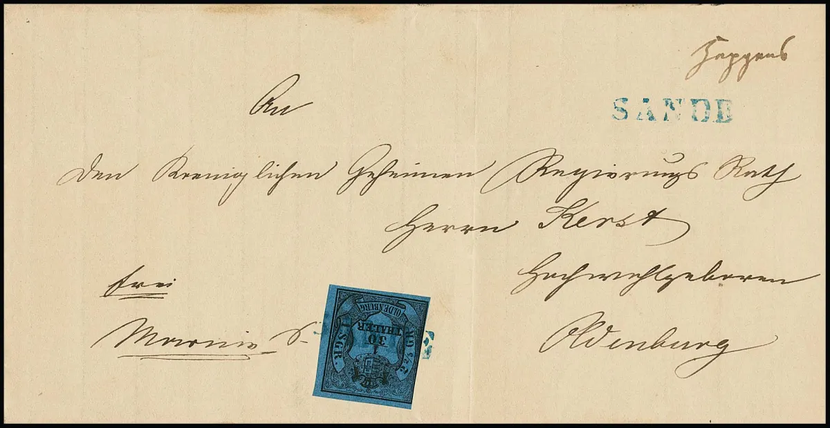"Sande", blue L1 clear on entire letter 1/30 Th. black/blue (touched), additionally with dispatch note "Heppens"
