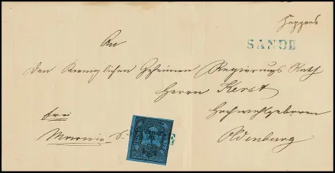 "Sande", blauer L1 klar auf gef. Brief-Vs. 1/30 Th. schw./blau (berührt), zusätzlich mit Aufgabevermerk "Heppens"
