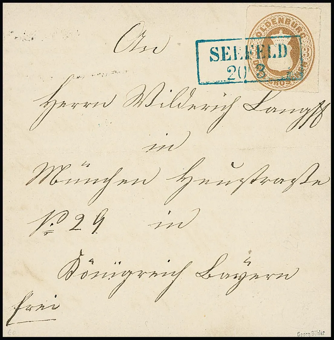 "Seefeld", blauer Ra2 klar auf Kabinettbrief Wappen 3 Gr. 1866, sign. Bühler