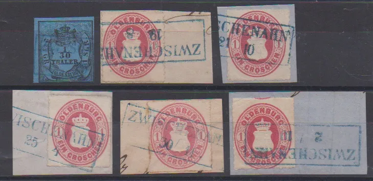 "Zwischenahn", Ra2 auf 1/30 Th. sowie fünf Briefstücken 1 Gr. Wappen