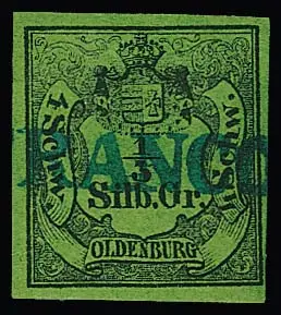 1/3 Sgr. schw./gelbgrün, voll- bis meist breitrandiges Kabinettstück mit klarem L1 "FRANCO", sign. Pfenninger. Mi. 1300,-