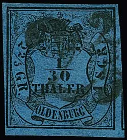 1/30 Th. schw./blau, Prachtstück (eine kleine "wolkige" Papierstelle ist herstellungsbedingt), überrandig, mit klarem schwarzem Taxstempel "2 2/5" von…