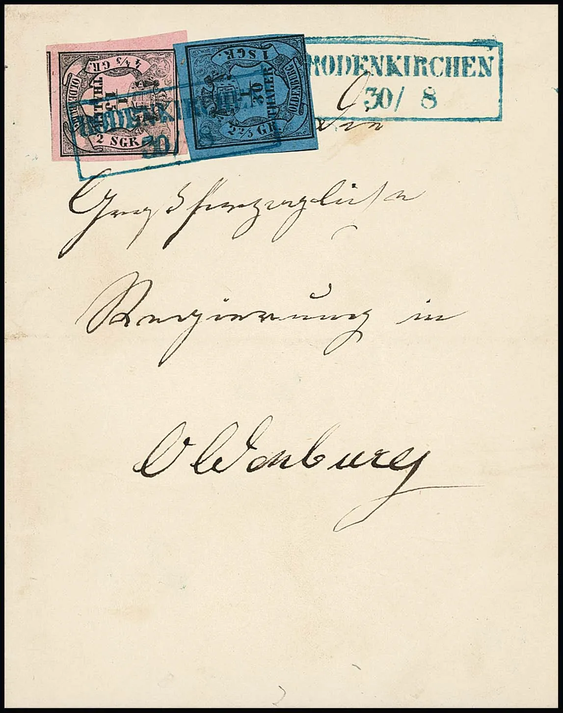 1/30 Th. schw./blau, Type I, allseits noch voll- bis überrandig, nebst sehr farbfrischem Kabinett-Randstück 1/15 Th. schw./rosa, ebenfalls überrandig, auf…