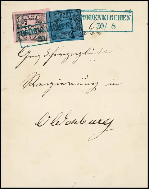 1/30 Th. schw./blau, Type I, allseits noch voll- bis überrandig, nebst sehr farbfrischem Kabinett-Randstück 1/15 Th. schw./rosa, ebenfalls überrandig, auf…