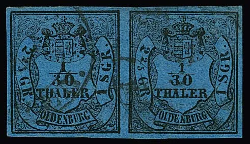 1/30 Th. schw./blau, waager. Misch-Typenpaar (li. I, re. III), breitrandig und in tadelloser Erhaltung, Fotoexp. Berger. Mi. 600,-