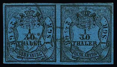 1/30 Th. schw./blau, waager. Misch-Typenpaar (li. I, re. III), breitrandig und in tadelloser Erhaltung, Fotoexp. Berger. Mi. 600,-