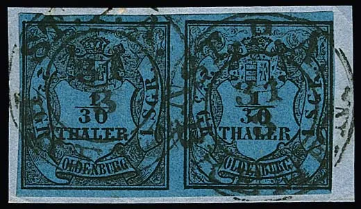 1/30 Th. schw./blau im Mischtypenpaar I/III, rechts noch volle Randlinie, auf Prachtbriefstück mit K2 "ST.P.A. BREMEN", Mi. 600,-