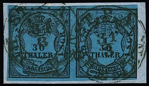 1/30 Th. schw./blau im Mischtypenpaar I/III, rechts noch volle Randlinie, auf Prachtbriefstück mit K2 "ST.P.A. BREMEN", Mi. 600,-