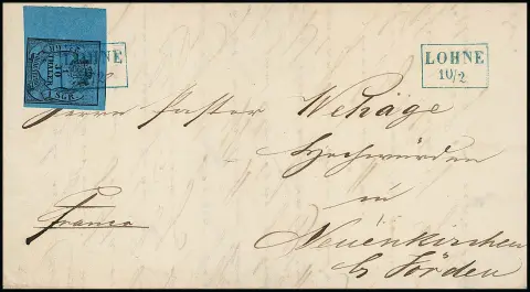 1/30 Th. schw./blau, Type III, frisches Kabinettstück, unten voll-, sonst teils überrandig mit 9mm breitem Bogenrand, auf Faltbrief 1854 mit klarem Ra2…