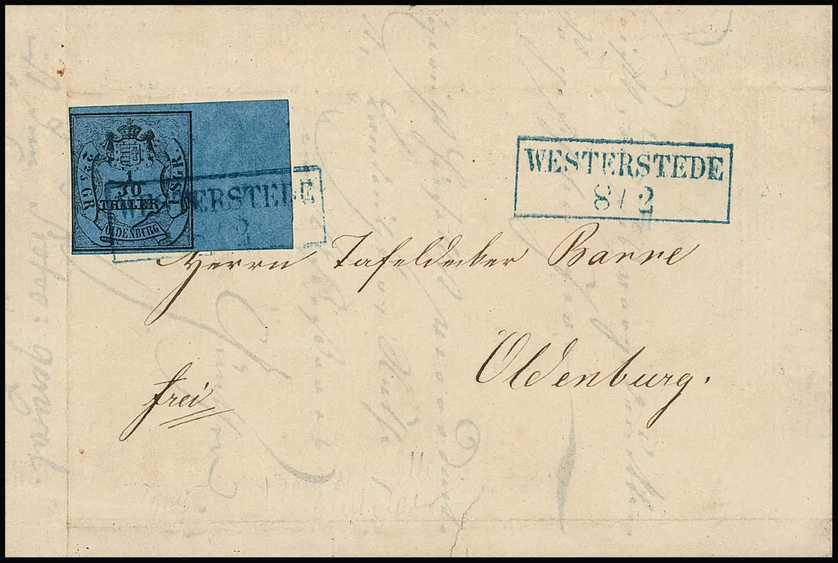 1/30 Th. schw./blau, rechts 14,5mm breiter Bogenrand, links min. ber., auf Brief (dieser rs. nicht ganz kpl. und auf Unterlage aufgezogen) mit Ra2 "Westerstede"