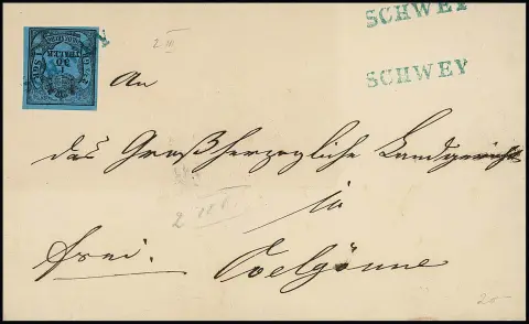 1/30 Th. schw./blau, teils sehr breitrandig, auf Prachtbrief mit mehrfachem blauem L1 "Schwey"