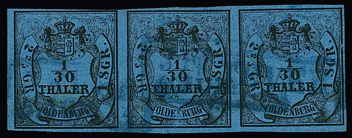 1/30 Th. schw./blau, voll- bis breitrandiger, gestempelter waager. Dreierstreifen, einheitlich in Type III (zwei Marken kl. Beanst.), sign. Bühler. Mi. 900,-
