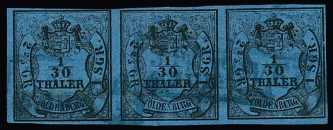1/30 Th. schw./blau, voll- bis breitrandiger, gestempelter waager. Dreierstreifen, einheitlich in Type III (zwei Marken kl. Beanst.), sign. Bühler. Mi. 900,-