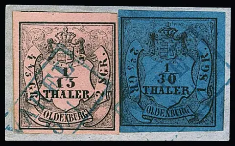 1/30 Th. schw./blau, Type III, und 1/15 Th. schw./rosa, Type I, auf tadellosem Briefstück mit Ra2 "Varel"