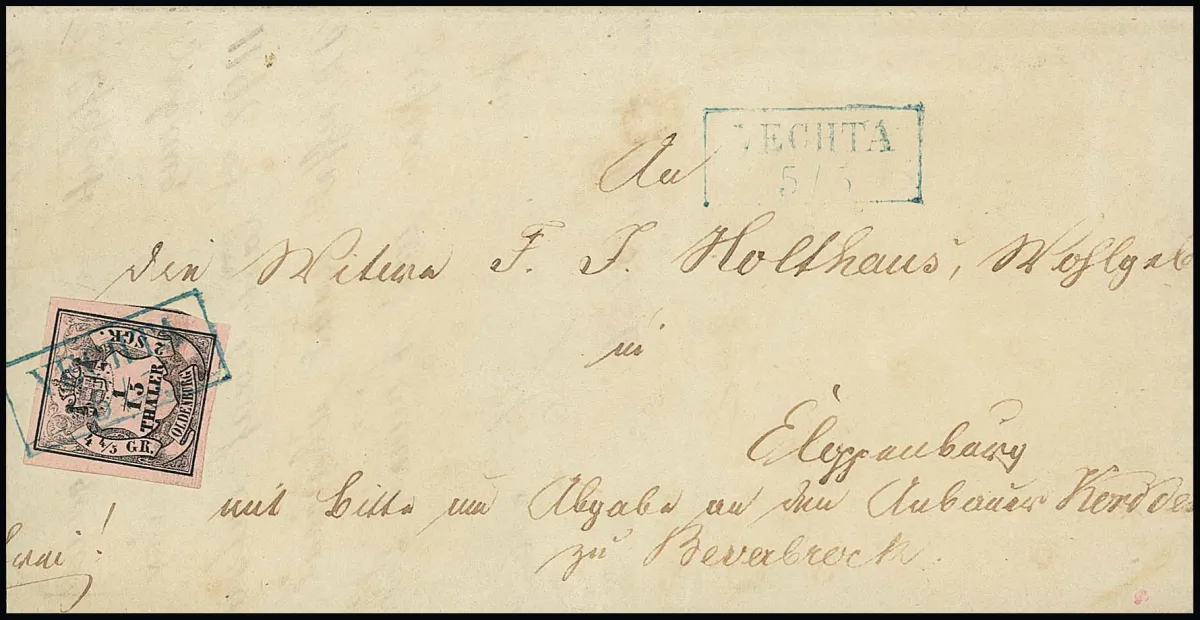 1/15 Th. schw./rosa, Type I, enorm riesenrandiges Kabinettstück (rechts Nebenmarke) auf Brief mit Ra2 "Vechta" 1858