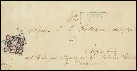 1/15 Th. schw./rosa, Type I, enorm riesenrandiges Kabinettstück (rechts Nebenmarke) auf Brief mit Ra2 "Vechta" 1858