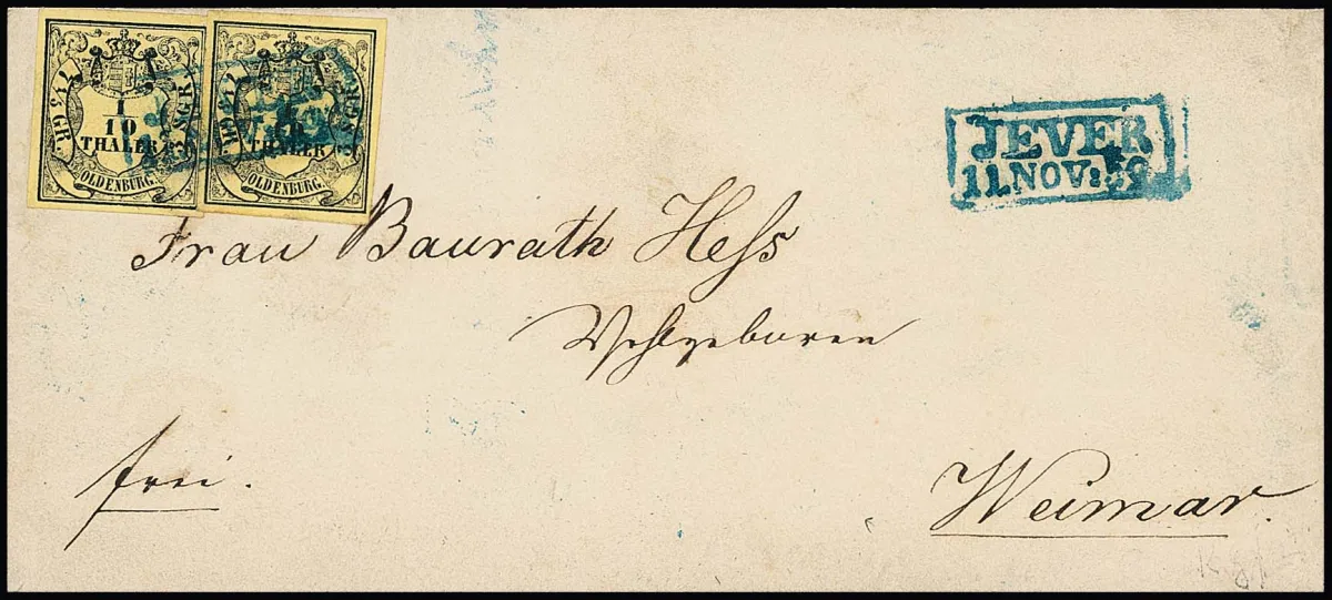 1/10 Th. schw./hellgelb, zwei Kabinettstücke auf Damencouvert mit Ra2 "Jever" nach Weimar. Bekannte Korrespondenz "Baurath Hess", hier in der 2.…
