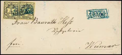 1/10 Th. schw./hellgelb, zwei Kabinettstücke auf Damencouvert mit Ra2 "Jever" nach Weimar. Bekannte Korrespondenz "Baurath Hess", hier in der 2.…