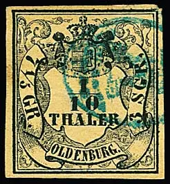 1/10 Th. schw./zitronengelb, kl. Mgl., mit klarem blauem "Delmenhorster Häuschen"