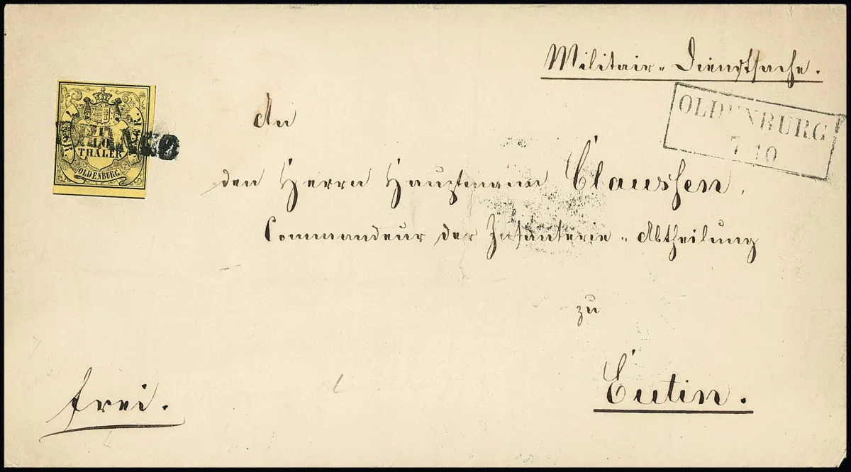 1/10 Th. schw./zitronengelb, Prachtstück mit schwarzem L1 "Franco" und Ra2 "Oldenburg" auf Militär-Dienstbrief (Briefpapier min. Fehler) an den Commandeur der…