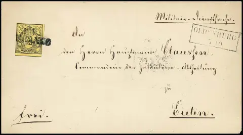 1/10 Th. schw./zitronengelb, Prachtstück mit schwarzem L1 "Franco" und Ra2 "Oldenburg" auf Militär-Dienstbrief (Briefpapier min. Fehler) an den Commandeur der…
