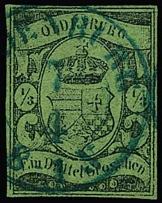 1/3 Gr. schw./gelbgrün, vollrandiges Prachtstück mit K2 "Oldenburg", gut sign. Pfenninger. Mi. 3600,-