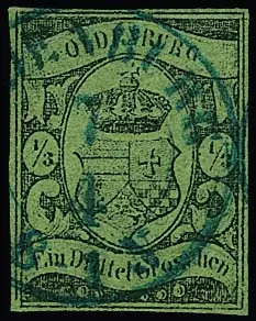 1/3 Gr. schw./gelbgrün, vollrandiges Prachtstück mit K2 "Oldenburg", gut sign. Pfenninger. Mi. 3600,-