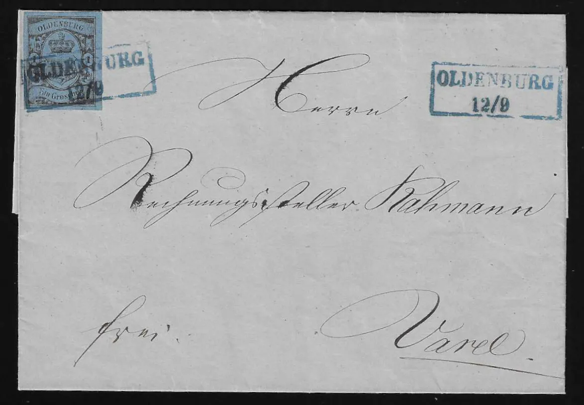 1 Gr. schw./blau, breitrandig, auf zwei Kabinettbriefen, mit Ra2 "Varel" bzw. "Oldenburg"