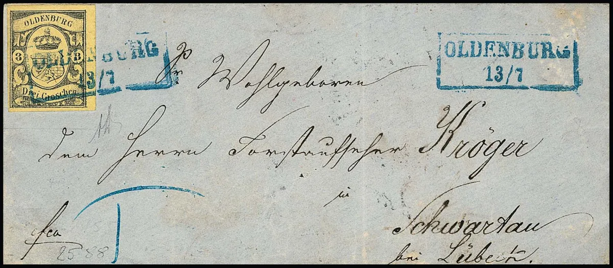 3 Gr. schw./gelb, voll- bis breitrandiges Prachtstück auf Damencouvert (dieses rs. nicht ganz kpl. und leichte Altersspuren) von Oldenburg (Ra2) in das zu…
