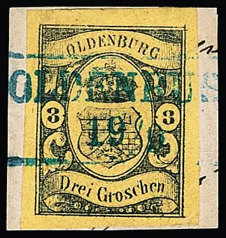 3 Gr. schw./gelb, breitrandig, auf Kabinettbriefstück mit Ra2 "Oldenburg", sign. Thier und Pfenninger mit Attest. Mi. 750,-