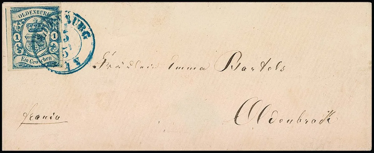 1 Gr. blau auf Prachtcouvert (rs. Siegel entfernt) mit K2 "Oldenburg" nach Oldenbrok, Mi. 500,-