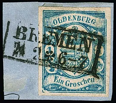 1 Gr. blau, deutliche Plattenfehler "ausgebrochene linke untere Ecke und schräge rechte obere Ecke", breitrandig auf Briefstück (gelöst und replatziert mit…